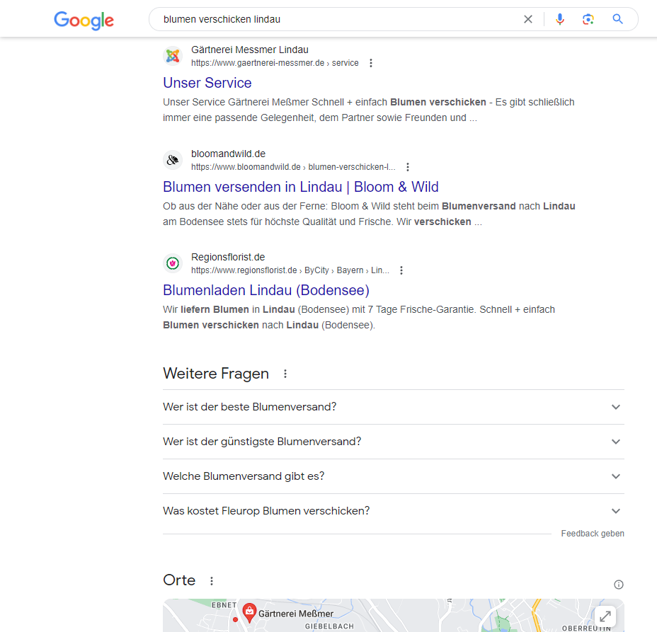 Bildausschnitt der Google Suchergebnisse der Suche "Blumen verschicken Lindau"