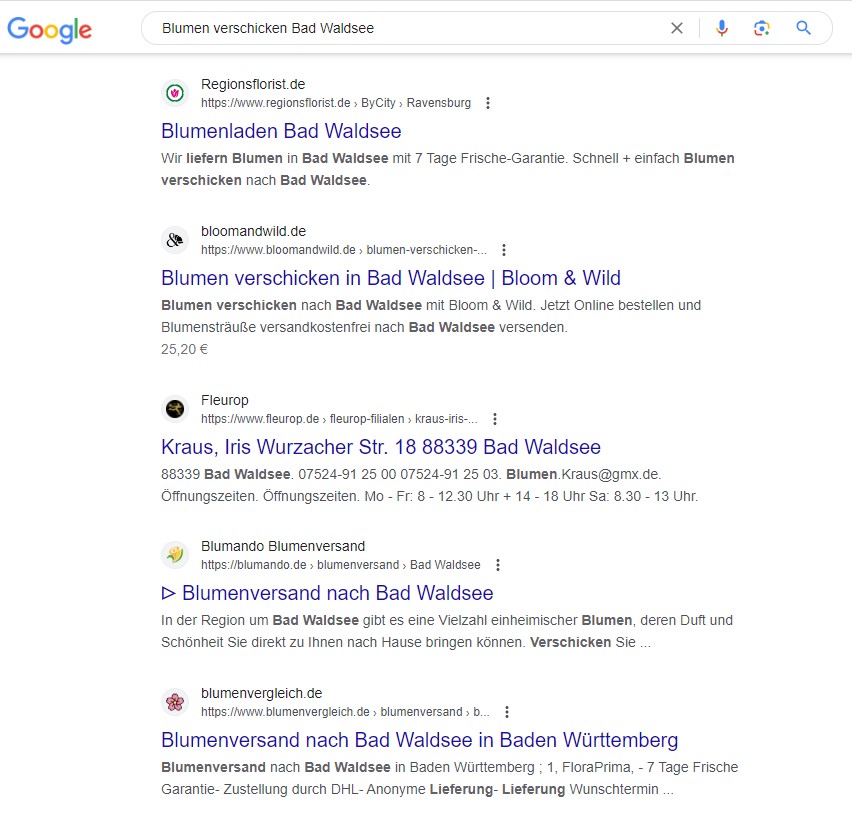 Bildausschnitt von Google Suchergebnissen der Suche "Blumen verschicken Bad Waldsee"