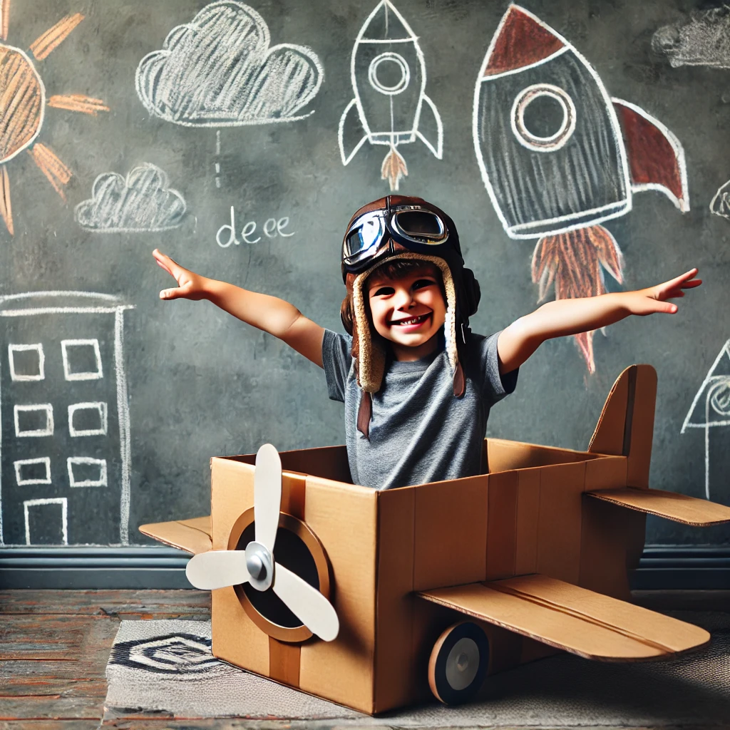Bild eines kleinen jungen mit Fliegermütze, der in einem zum Flugzeug umgebauten Karton sitzt. Der Junge grinst und streckt die Arme weit ab.