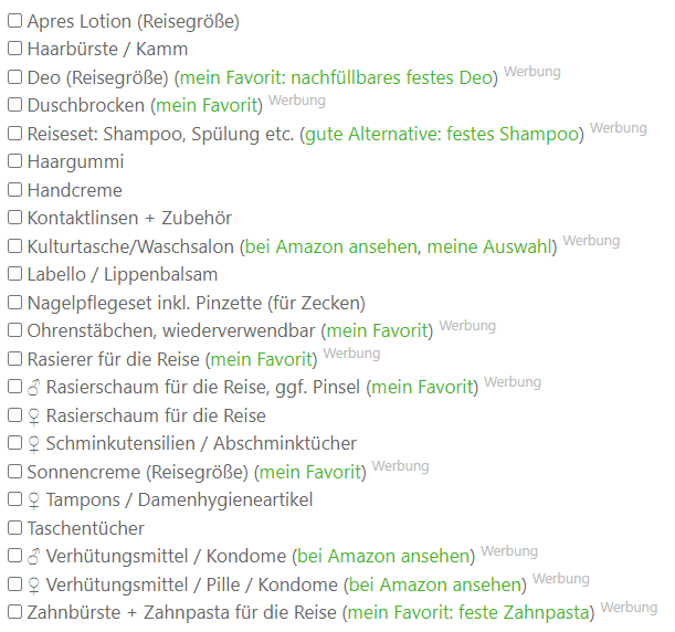 Informatives einer Packliste mit Fokus auf Sommerurlaub Hygieneartikel.