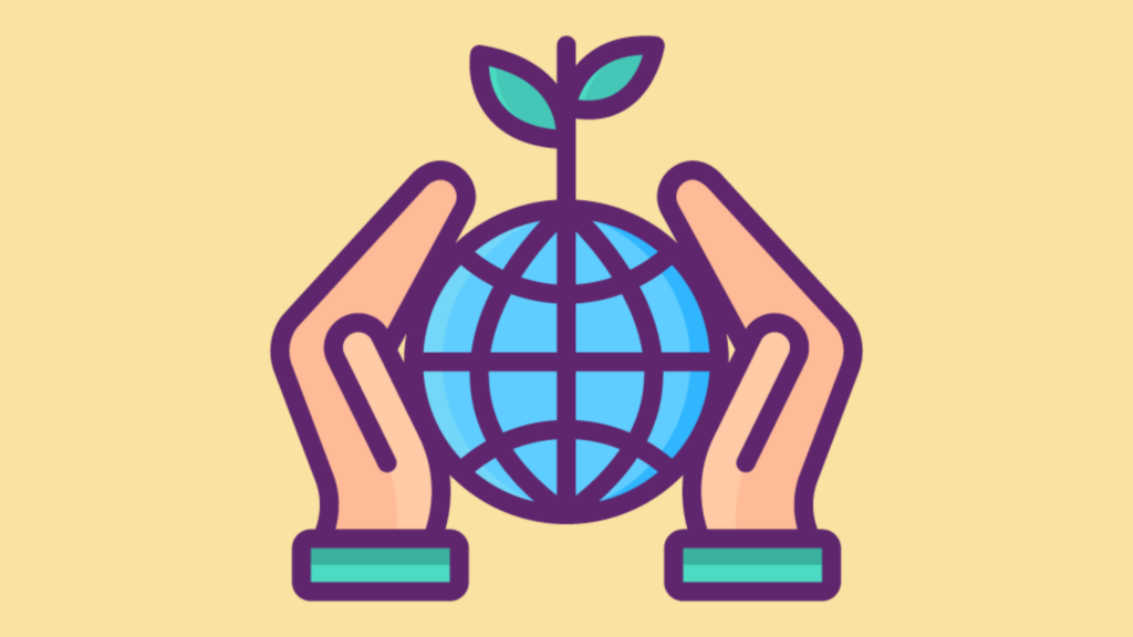 Illustration von zwei Händen, die eine Internet-Weltkugel halten. Aus der Kugel wächst eine Pflanze.