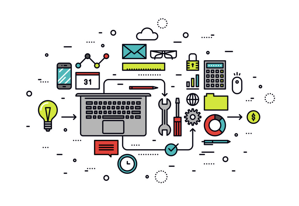 Illustration eines Laptops zum Thema Automatisierung wie Zahnrad, Schraubenzieher, Taschenrechner