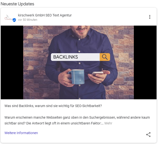 Bildausschnitt einer Werbeanzeige von kirschwerk GmbH auf Google zum Thema Backlinks.