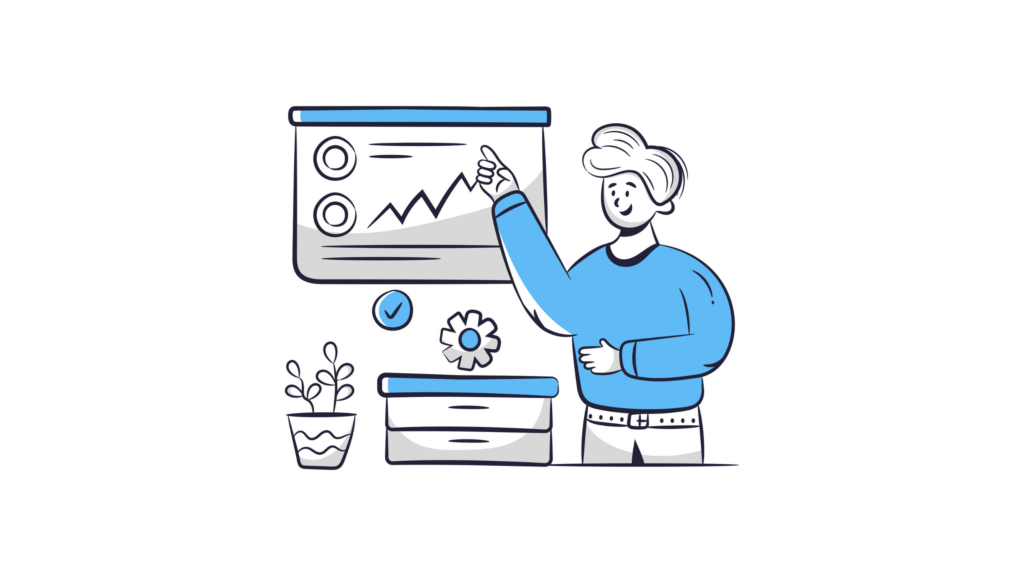 Illustration eines jungen Mannes, der auf eine Tafel deutet.